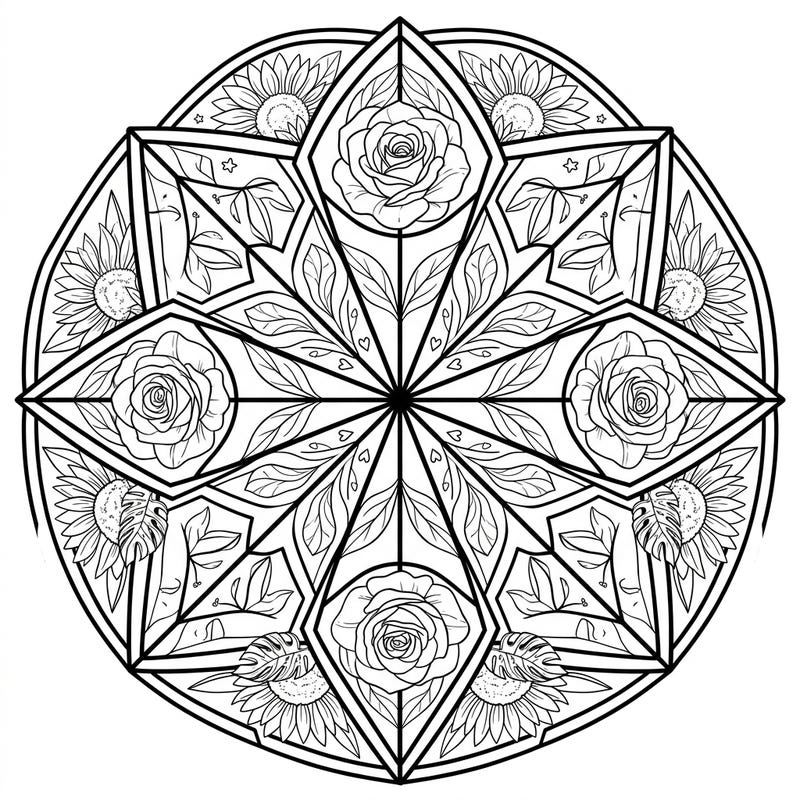 Dive into a world of botanical beauty with this exquisite stained glass mandala coloring page. Featuring symmetrical arrangements of roses, sunflowers, and tropical leaves, this design offers a unique blend of nature and geometric artistry for a relaxing creative escape.