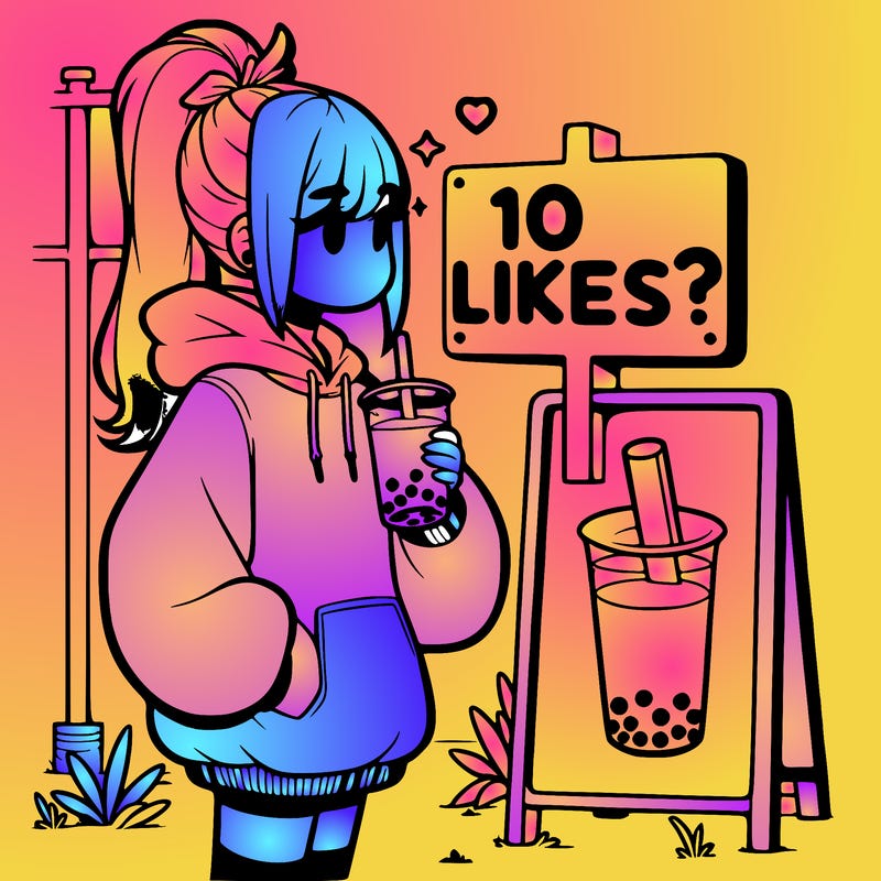girl with oversized hoodie drinking boba and she has a high ponytail with a sign that says 10likes?