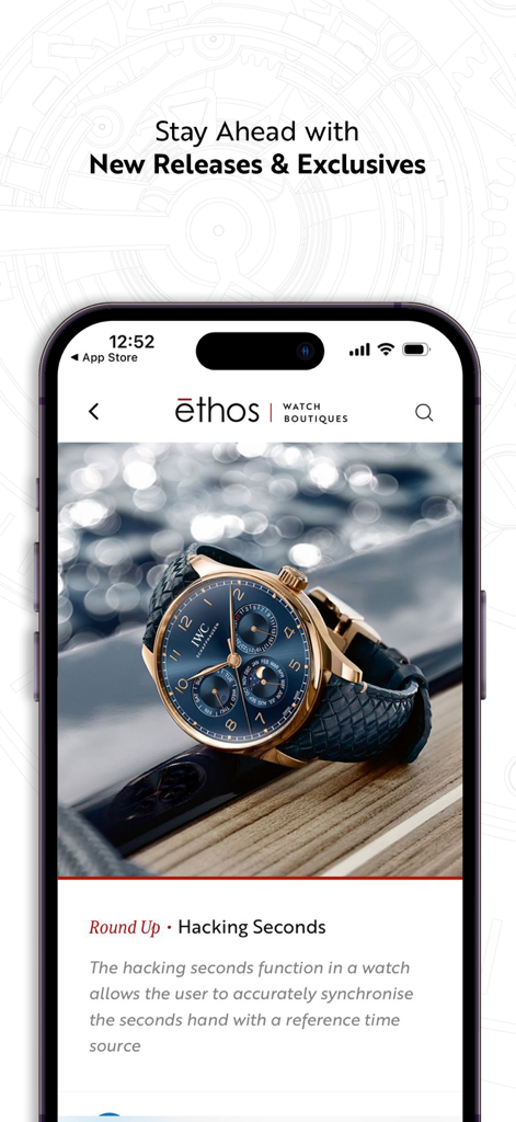 Ethos Watches - Ethos Watches mobile app interface displaying a luxury blue dial watch and a horology article about hacking seconds