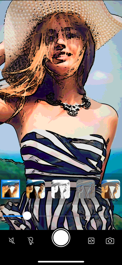Portrait Sketch Camera - Interfaz de la aplicación Portrait Sketch Camera que muestra un filtro estilo cómic aplicado a una foto de una mujer con sombrero para el sol
