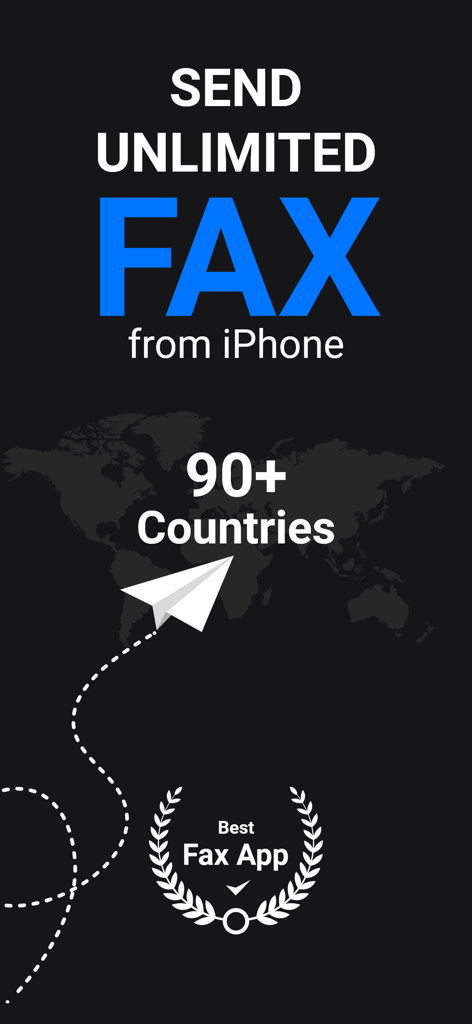 Fax Unlimited - Send Fax - Promotion for Fax Unlimited app showing ability to send faxes from iPhone to over ninety countries globally
