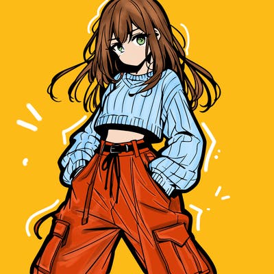 anime teen girl with baggy pants and crop top with sweater