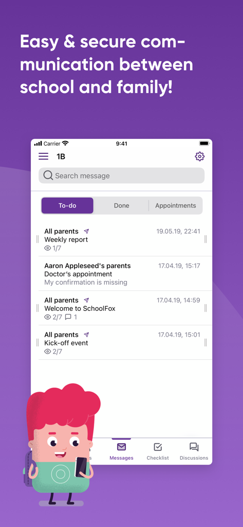 SchoolFox - Schulkommunikation - SchoolFox app interface showing secure communication between schools and parents with message lists and to-do items