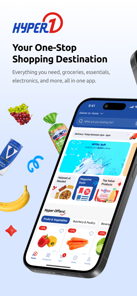 Hyperone - Hyperone mobile app home screen showcasing grocery categories and shopping deals.