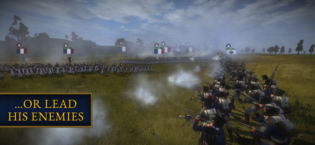 Infantry soldiers in line formation firing muskets on a battlefield in Total War Napoleon