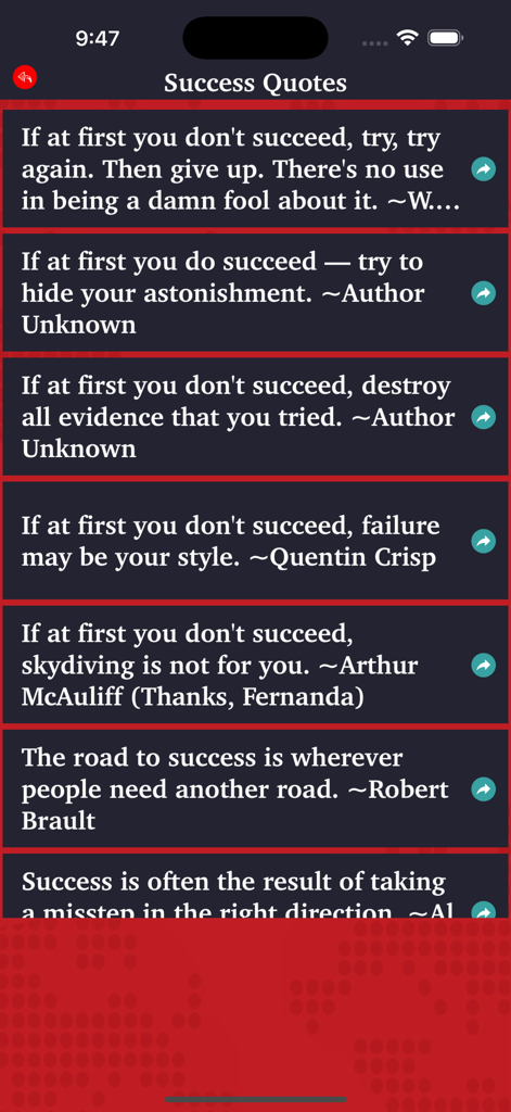 Love Status - Romantic Quotes - A screen from the Love Status app showing a list of success quotes with sharing options
