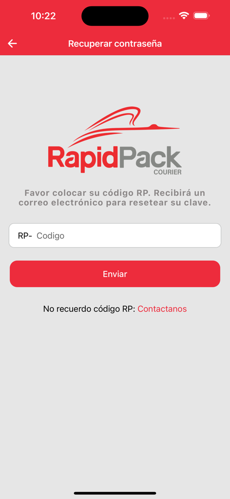 Rapid Pack - Pantalla de recuperación de contraseña de la aplicación Rapid Pack mostrando el campo de entrada del código RP y la opción de contacto