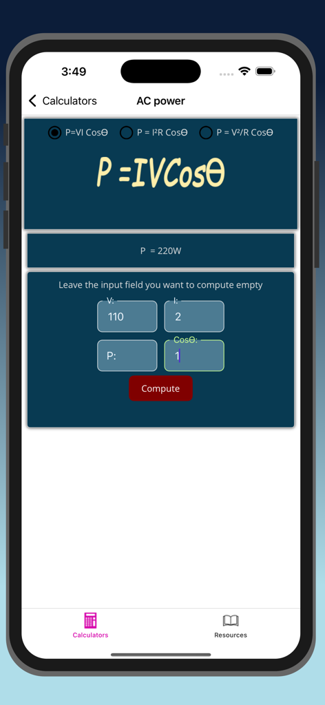 ElectricCalc Pro - Interfaz de la aplicación ElectricCalc Pro que muestra una pantalla de cálculo de potencia de CA con campos para voltaje, corriente y factor de potencia.