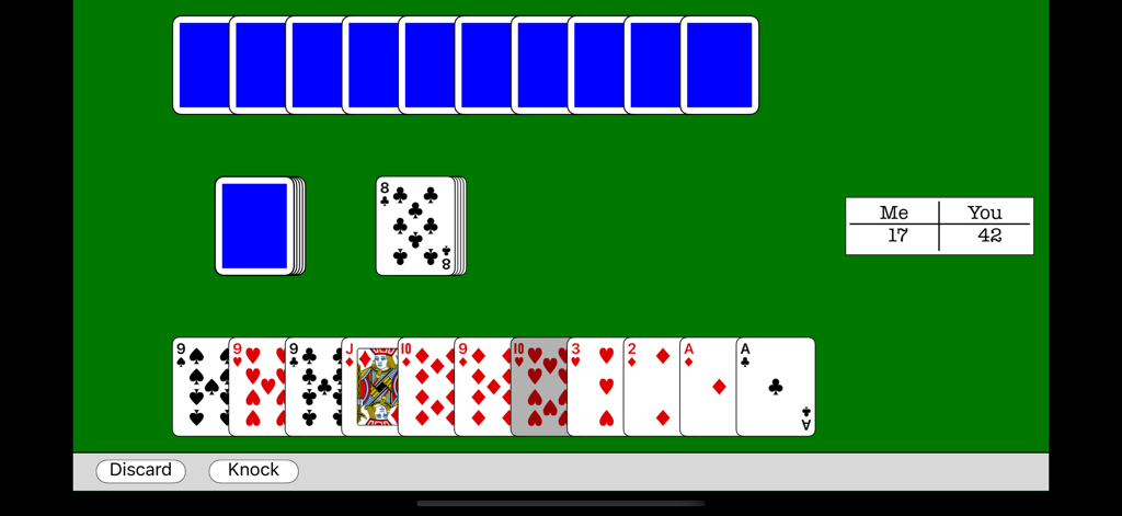 Gin Rummy Ultra card game gameplay screen showing cards and score