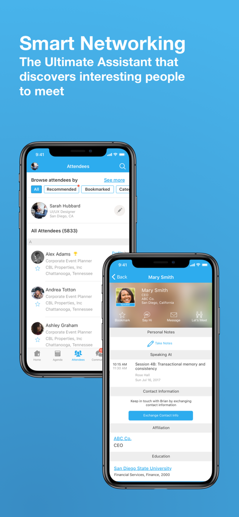 Whova - Event & Conference App - Whova app interface showing an attendee list and professional profiles for event networking