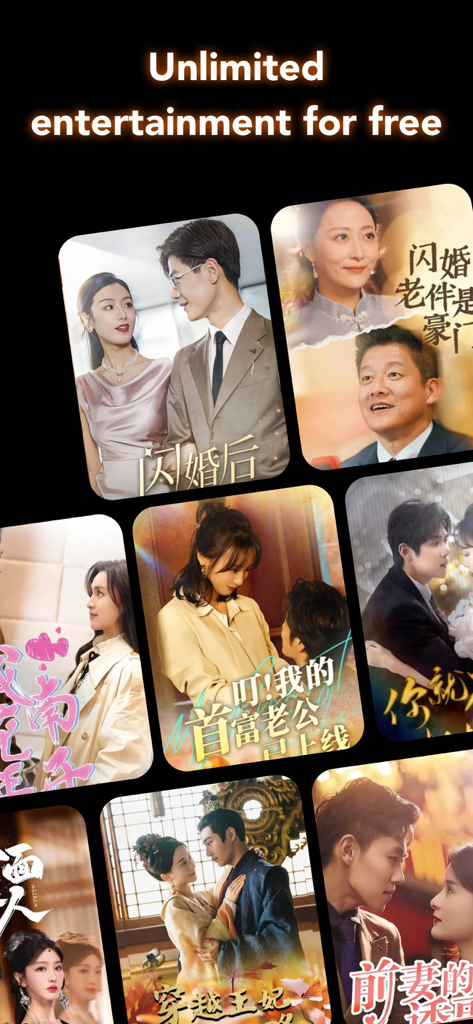 A collection of diverse mini-series posters featuring romantic and historical dramas with the text Unlimited entertainment for free.