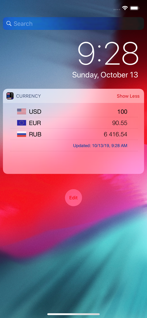 Currency converter widget on an iPhone showing live exchange rates for USD EUR and RUB