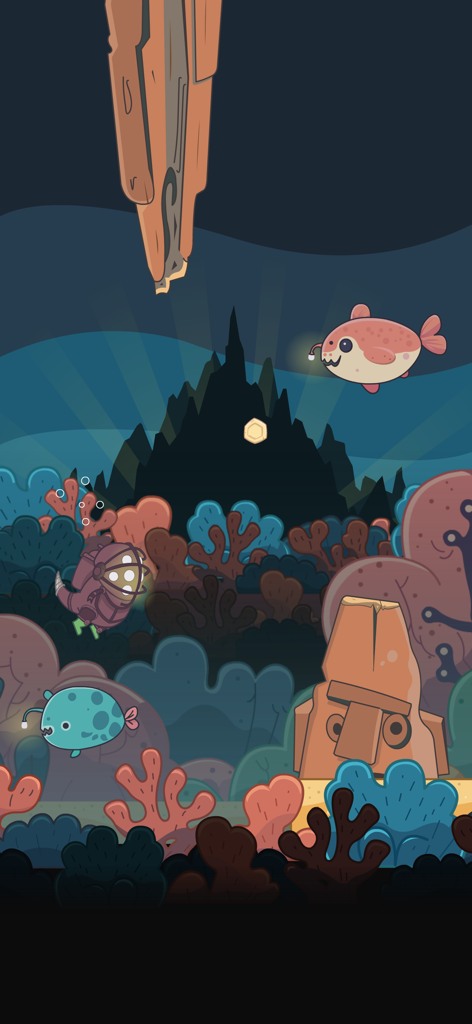 Dino T-Rex Endless Runner Game - スキューバスーツを着たT-レックスキャラクターが、海の生き物やサンゴの障害物がある水中世界をナビゲートしている。