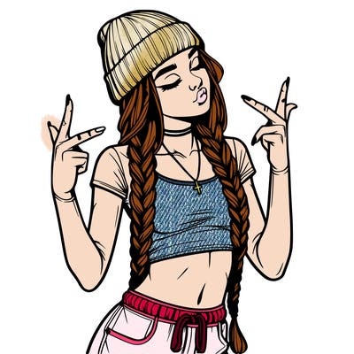 realistic teenage girl with braids and a beanie and crop top doing 🫶🏼