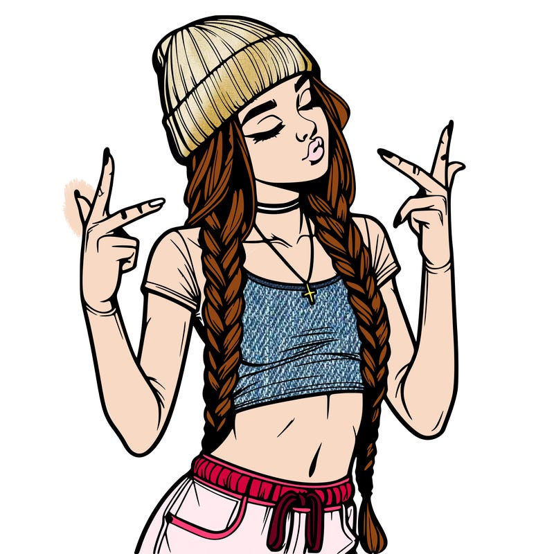 realistic teenage girl with braids and a beanie and crop top doing 🫶🏼