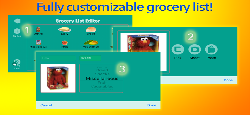 Money Up! - Build Life Skills - The Money Up app grocery list editor interface showing customization options for shopping items
