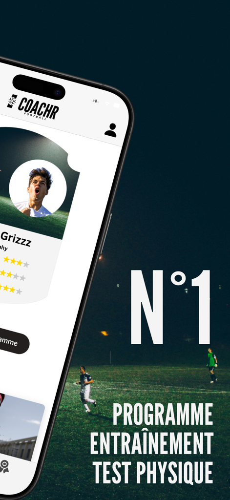 Coachr : Entrainement Football - Interface do aplicativo móvel Coachr mostrando programas de treino de futebol e perfil do jogador