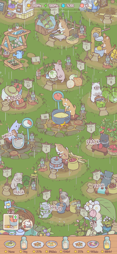 Cats & Soup - Chats cartoon adorables cuisinant de la soupe et préparant des ingrédients dans un décor de forêt pluvieuse.