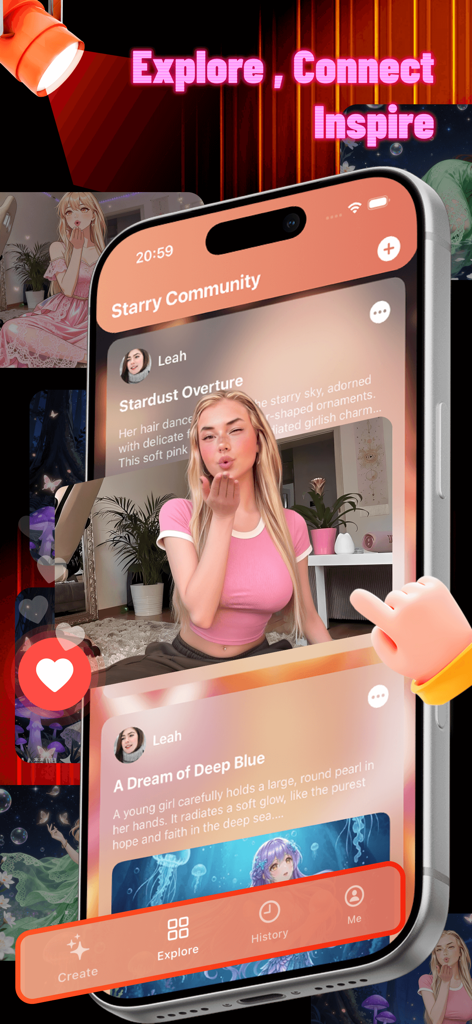 Fobb - iPhone screen displaying the Fobb app starry community feed with artistic user posts and AI art