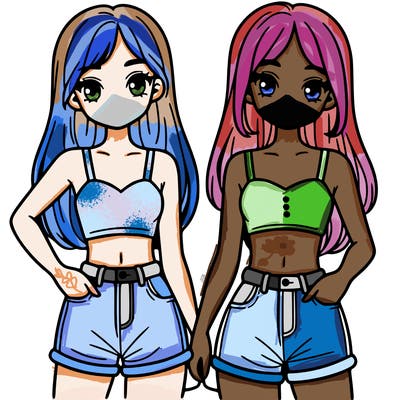 two sisters with crop tops and jean shorts and straight hair