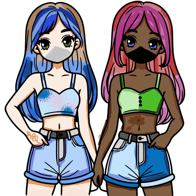two sisters with crop tops and jean shorts and straight hair