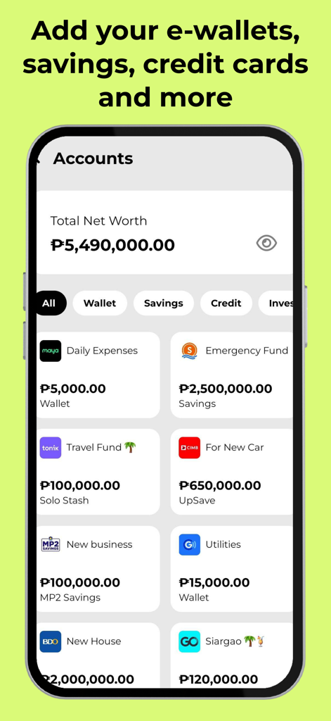 Interface de l'application Lemoneyd montrant un tableau de bord de valeur nette avec des comptes d'épargne et de dépenses catégorisés