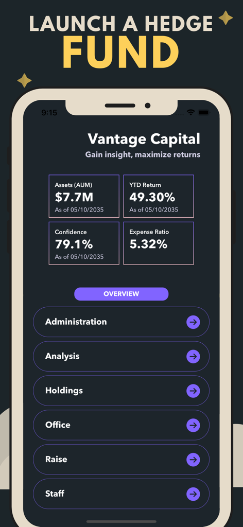Mobile game interface showing a hedge fund dashboard with assets, returns, and management menus for administration, analysis, and staff.