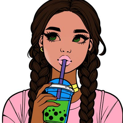 realistic girl with braided hair drinking boba