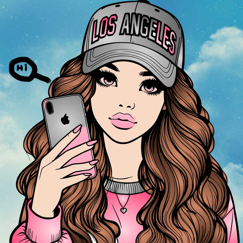realistic beautiful girl wearing los ángeles cap holding an iphone