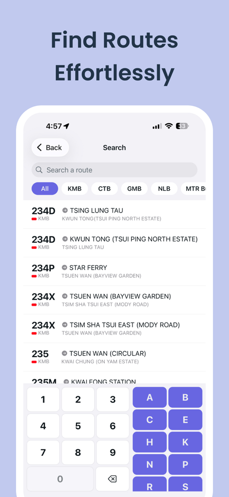 HK Bus Time - HK Bus Time app search screen displaying various bus routes and a specialized route search keyboard