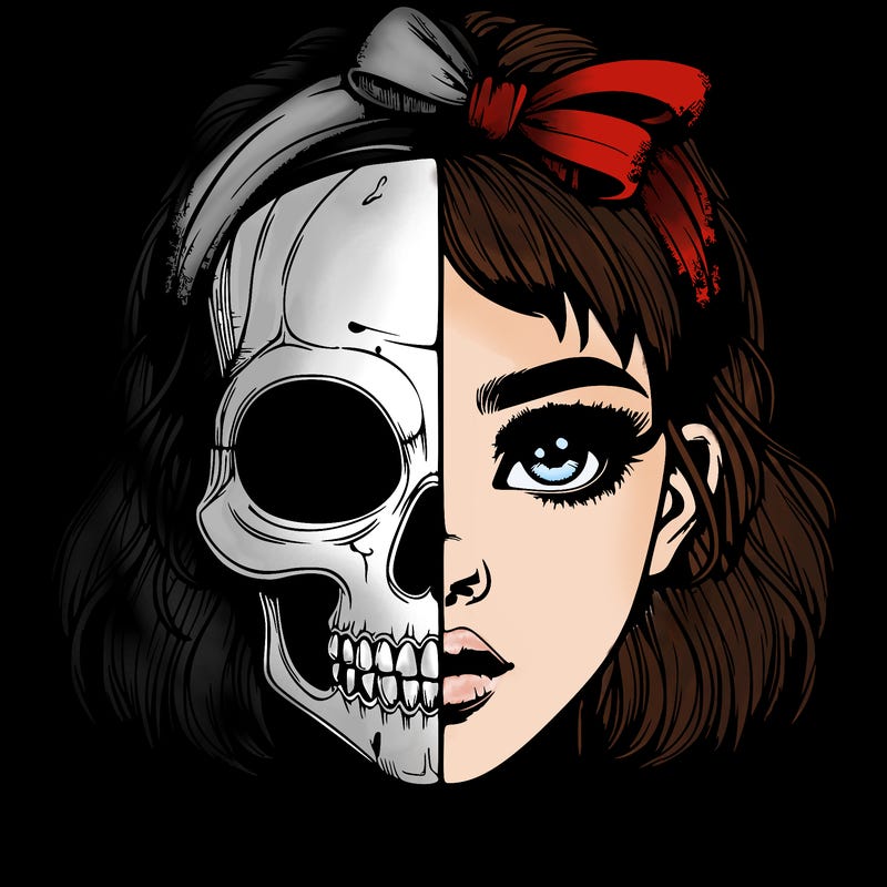 realistic girl with half skull mask