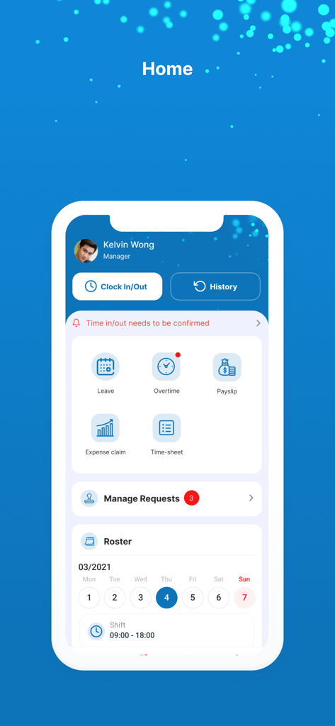Cadena HRM - Cadena HRM mobile app home screen displaying employee dashboard with attendance roster and leave management features