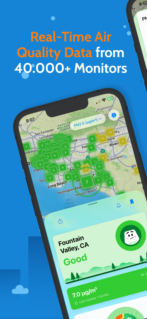 Aplicación móvil AirGradient Map mostrando datos de calidad del aire en tiempo real de monitores globales y estado AQI local para Fountain Valley California
