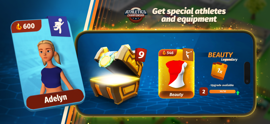 Athletics Championship - Um baú de recompensa dourado abrindo para revelar um cartão de personagem para Adelyn e equipamentos esportivos lendários no jogo mobile Athletics Championship.