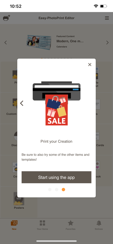 Easy-PhotoPrint Editor - Onboarding screen for the Canon Easy-PhotoPrint Editor app showing a printer icon and a start using the app button.