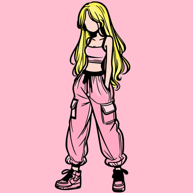 girl in baggy pants crop top and long hair
