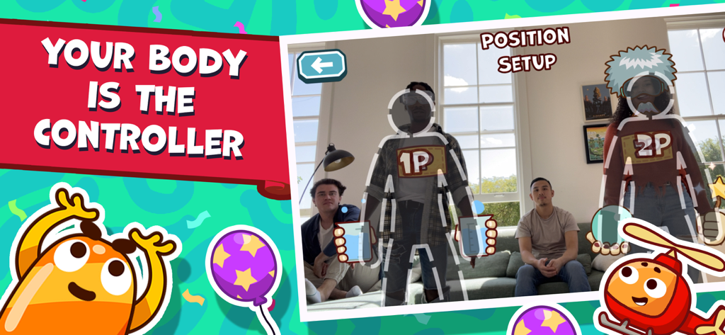 Party Fowlモバイルゲームのために、ARボディトラッキング位置設定中にリビングルームにいる二人