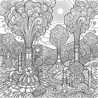 Explore a captivating world where natural geysers are reimagined as intricate steampunk marvels, set against a lively summer backdrop. This detailed coloring page invites you to bring an industrial Victorian fantasy to life with your favorite colors.