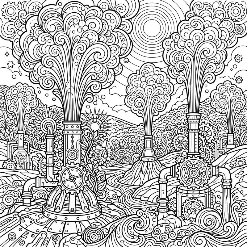 Explore a captivating world where natural geysers are reimagined as intricate steampunk marvels, set against a lively summer backdrop. This detailed coloring page invites you to bring an industrial Victorian fantasy to life with your favorite colors.