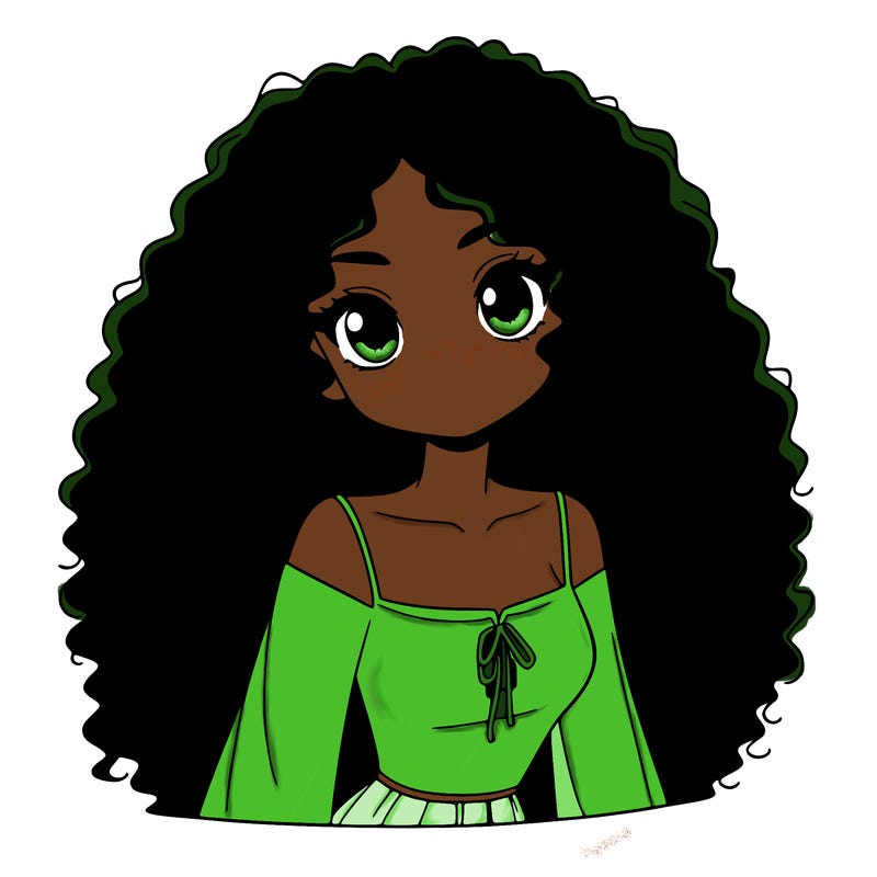 a black anime girl with long afro hair