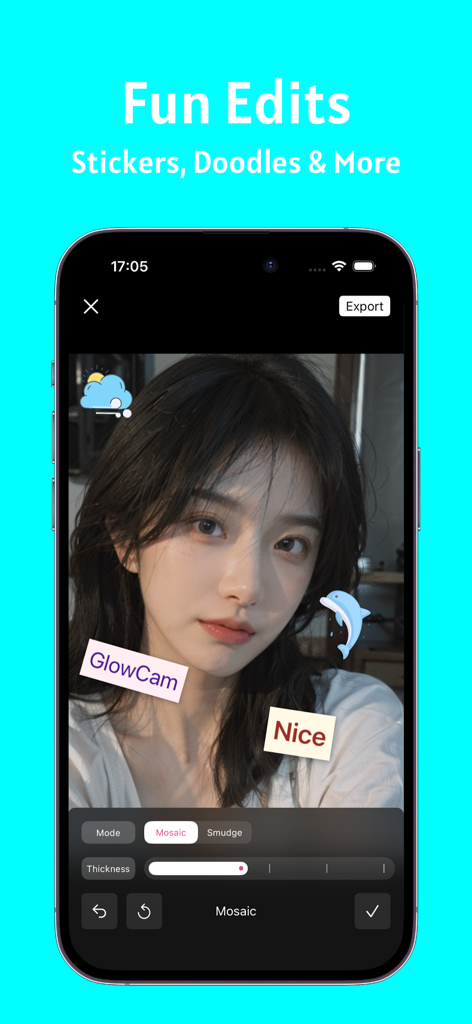 Interface of GlowCam app showing a woman's selfie being edited with playful stickers and mosaic tools