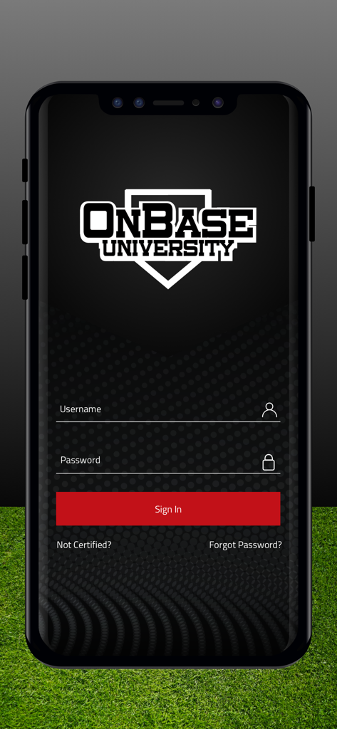 OnBaseU - OnBase University mobile app login screen with username and password fields