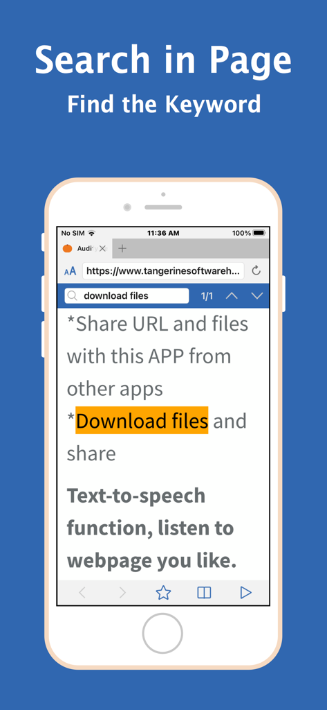 Audify app screenshot demonstrating the search in page feature with a keyword highlighted in the text.