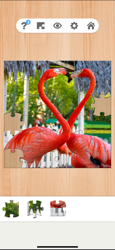 Wonderful Jigsaw - Puzzle Game - A digital jigsaw puzzle showing two flamingos forming a heart shape with their necks on a wooden background