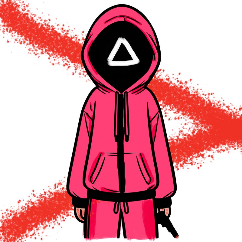 faceless girl in a tracksuit with a hood on and no hair