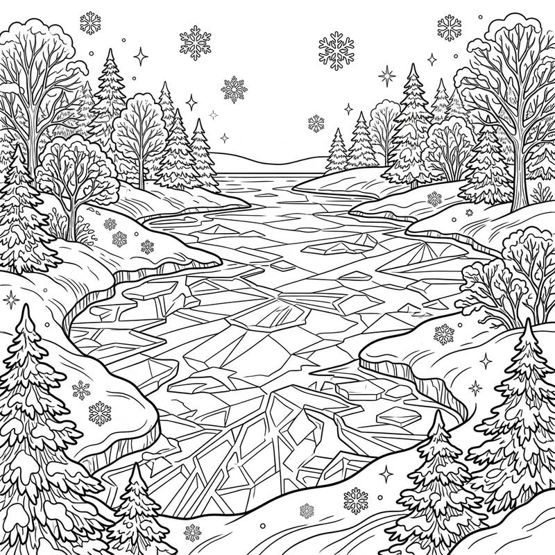 Discover the majestic tranquility of an Endorheic Lake frozen solid in a stunning winter scene. This intricate coloring page invites you to add your vibrant touch to a landscape of snow-dusted trees and captivating ice formations.
