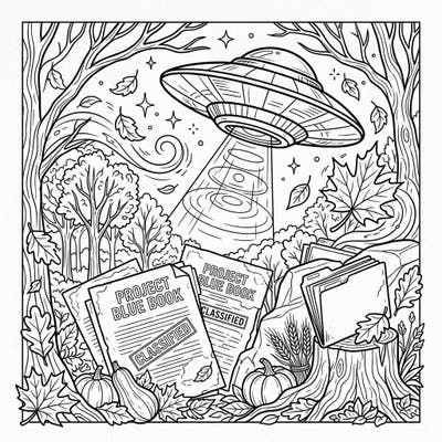 Dive into an intriguing blend of cosmic mystery and seasonal charm with this unique coloring page. Featuring a classic flying saucer amidst classified Project Blue Book documents and a beautiful autumn landscape, it promises hours of creative exploration.