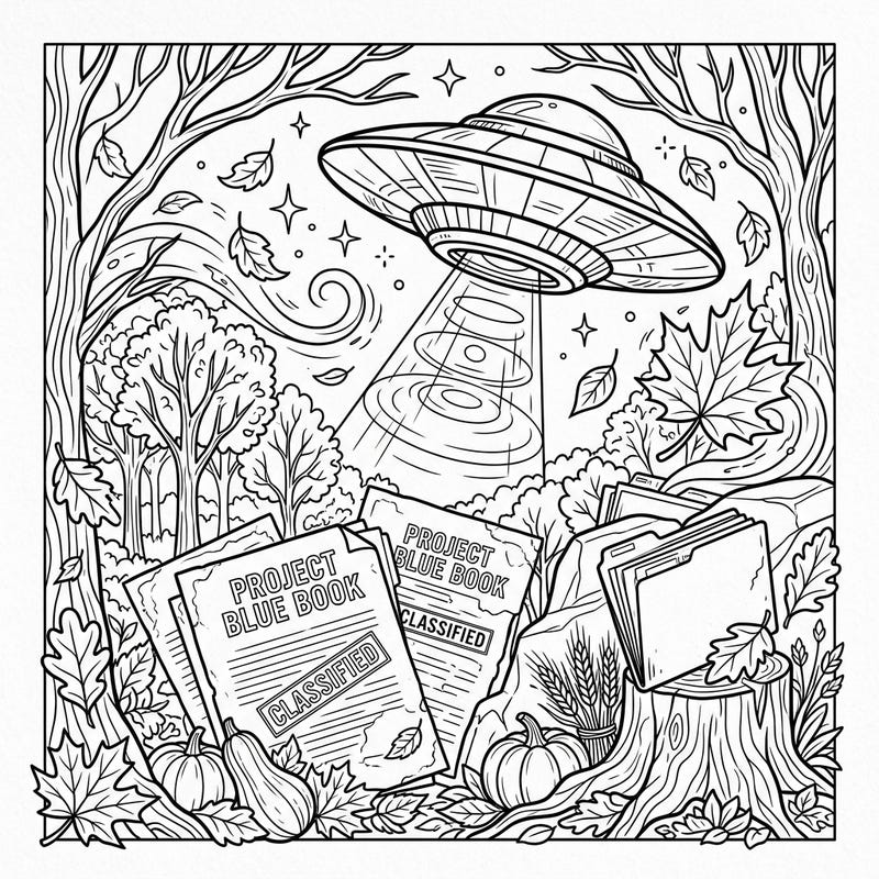 Dive into an intriguing blend of cosmic mystery and seasonal charm with this unique coloring page. Featuring a classic flying saucer amidst classified Project Blue Book documents and a beautiful autumn landscape, it promises hours of creative exploration.