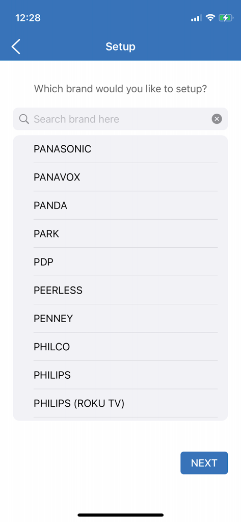 RCA Smart Remote - Pantalla de configuración de la aplicación RCA Smart Remote que muestra una lista de marcas de electrónica para seleccionar para la programación