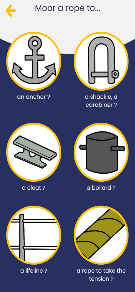 Marine Knots - A selection screen in the Marine Knots app showing different mooring options like an anchor a cleat and a bollard